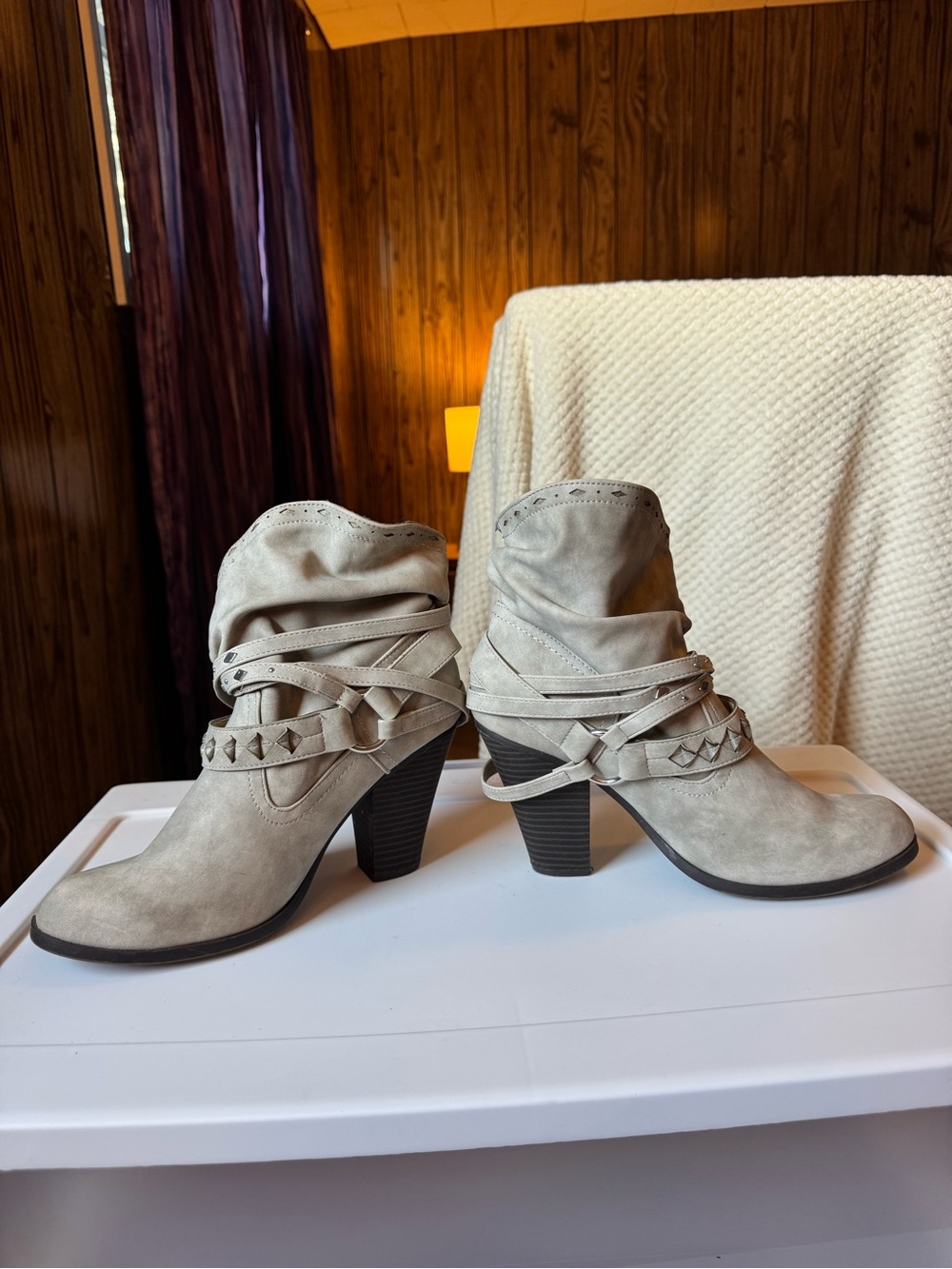 Daisy Fuentes Light Taupe Suede-Style Heeled Ankle Boots - Picture 5 of 5